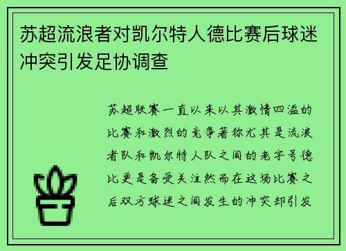 苏超流浪者对凯尔特人德比赛后球迷冲突引发足协调查 苏超流浪者对凯尔特人德比赛后球迷冲突引发足协调查